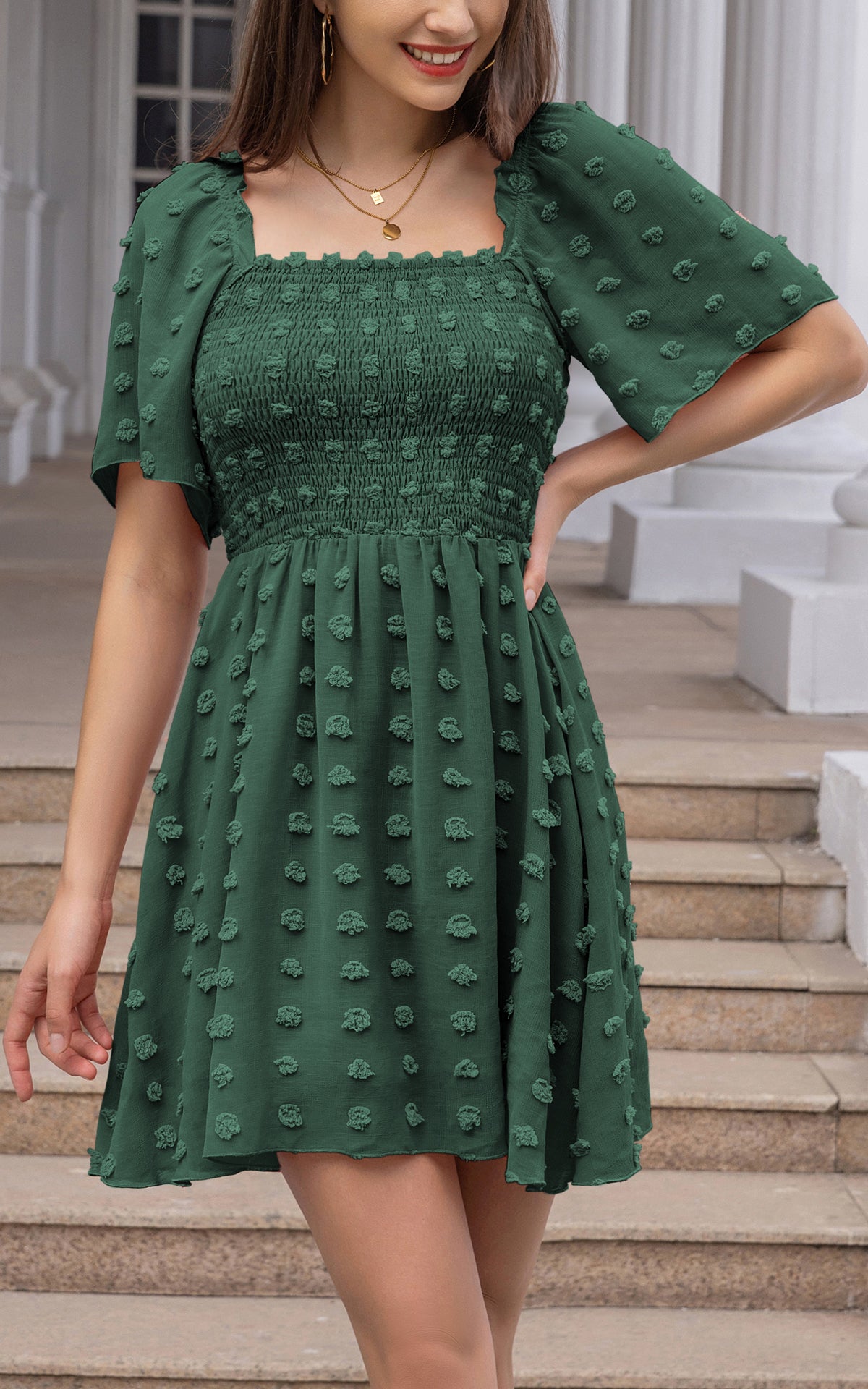 Summer Flowy Mini Dress - Dot Smocked Ruffle Short Flutter Sleeve