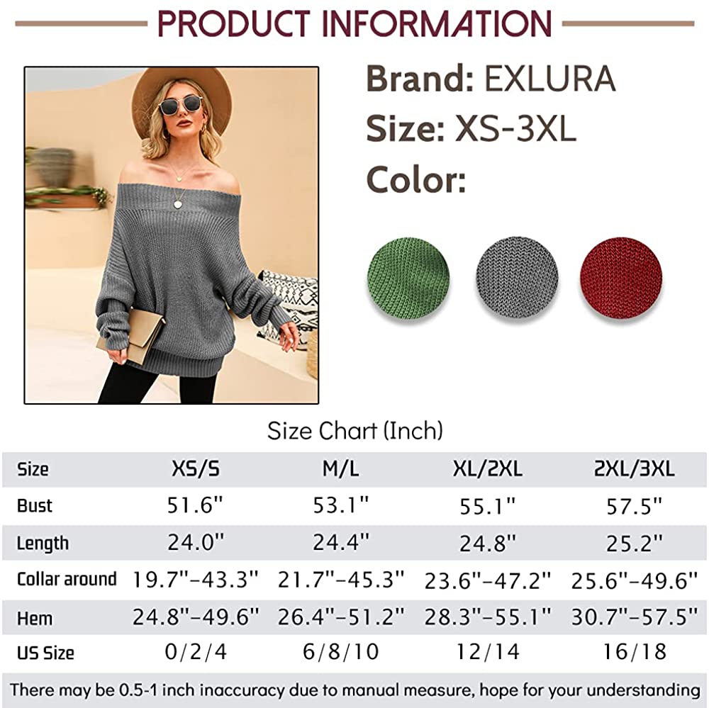 EXLURA Women's 024 New Off Shoulder Sweater Batwing Sleeve Loose Oversized Pullover Knit Jumper