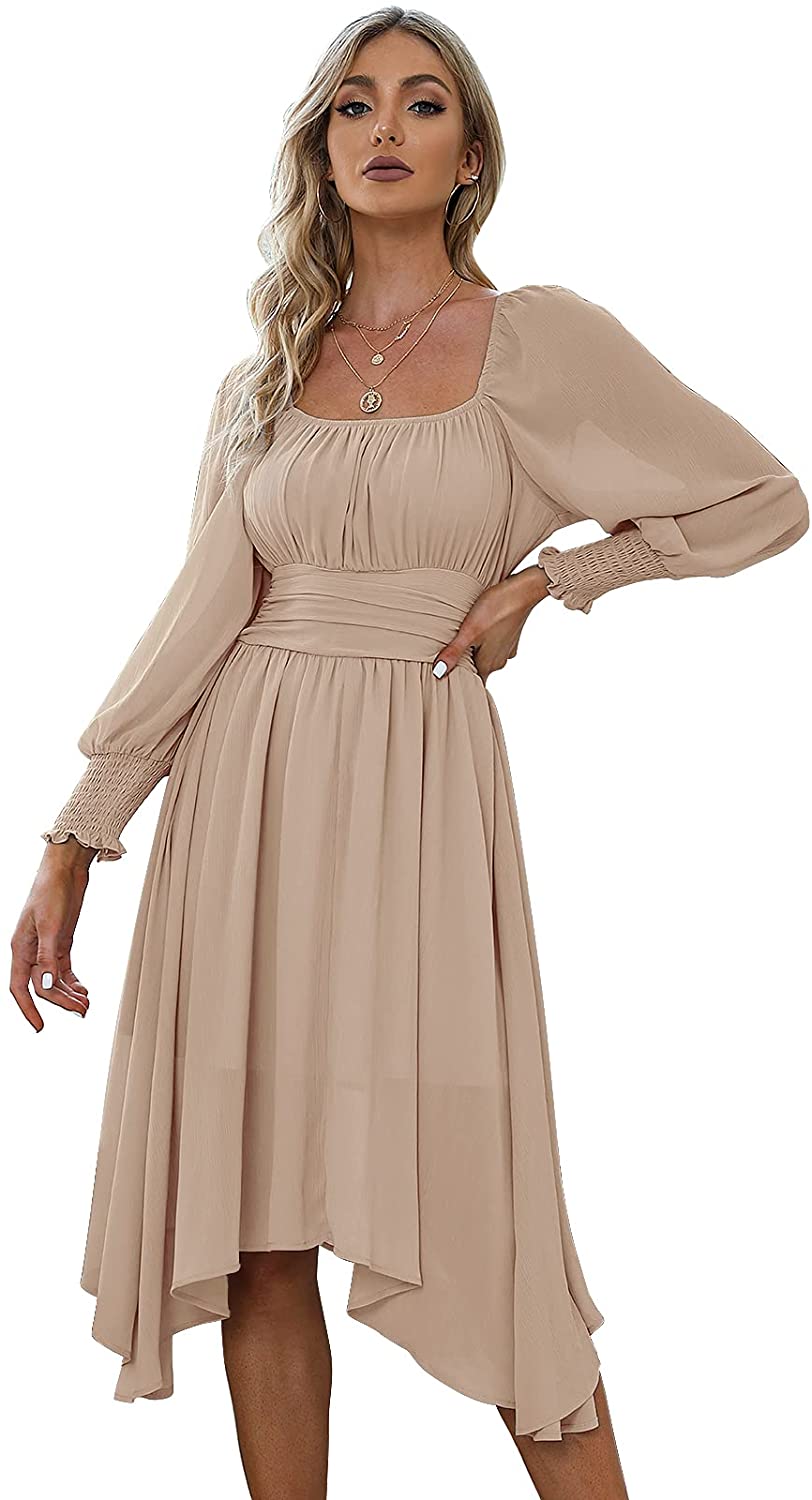 EXLURA Women's Tie Back Asymmetrical Hem Off Shoulder A-line Dresses Long Lantern Sleeve Ruffle Midi Dress