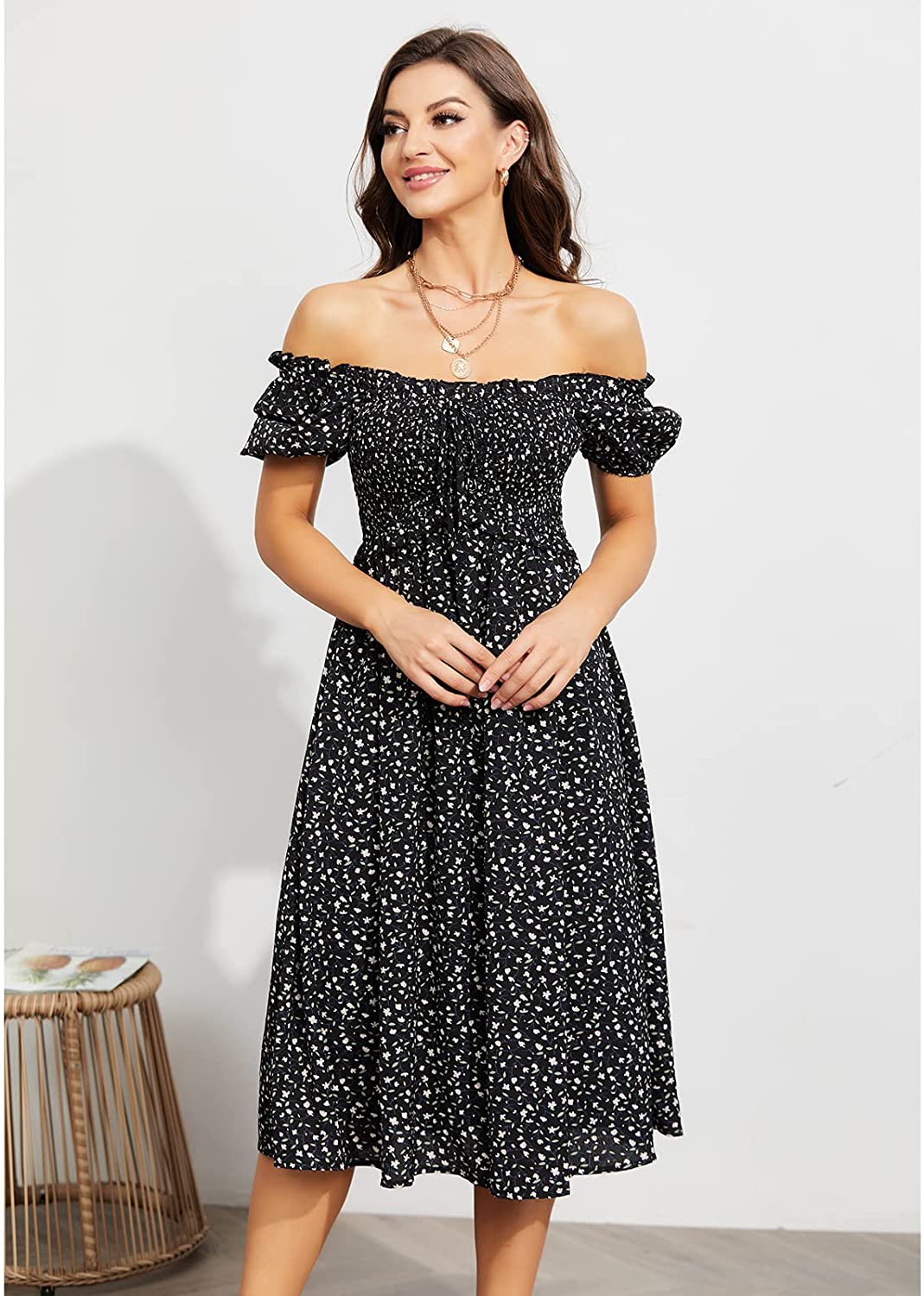 EXLURA Womens Square Neck Dress Puff Short Sleeve High Waist Smocked Ruffle Floral Sweetheart Neckline A-line Midi Dress