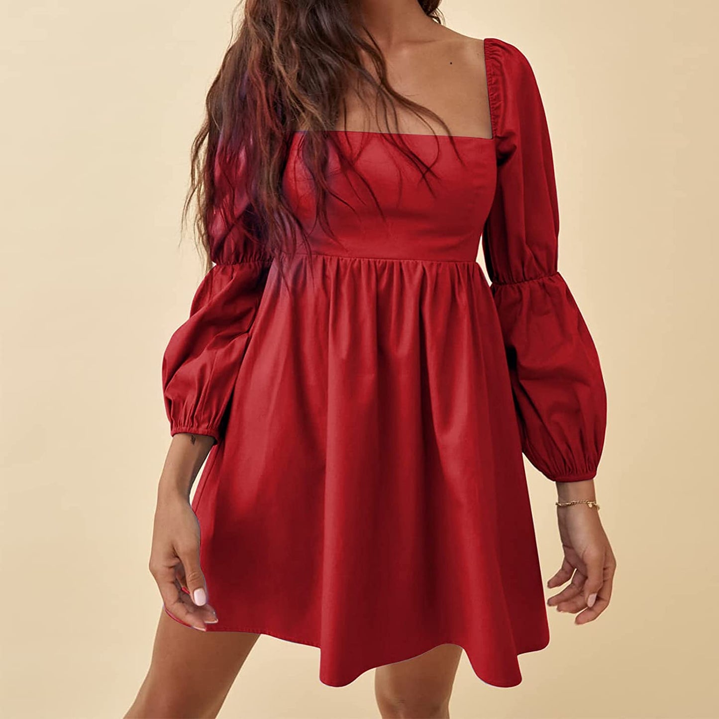 Square Neck Dress Long Puff Sleeve A-Line Casual Short Mini Dress