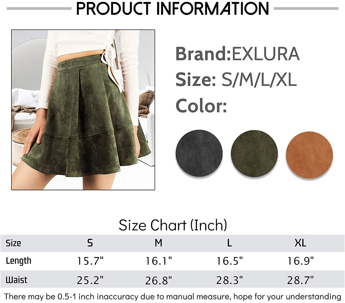 Exlura Womens Faux Suede High Waist Pleated Short Skirt Elastic Button Front Skater Mini Skirt