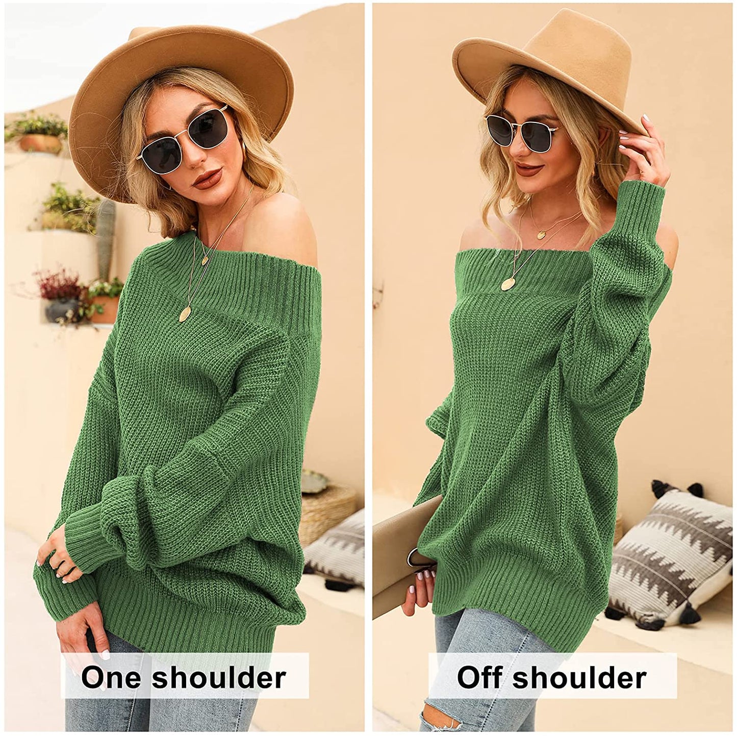 EXLURA Women's 024 New Off Shoulder Sweater Batwing Sleeve Loose Oversized Pullover Knit Jumper