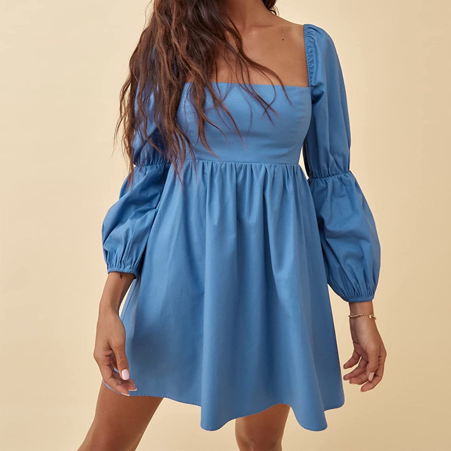 Square Neck Dress Long Puff Sleeve A-Line Casual Short Mini Dress