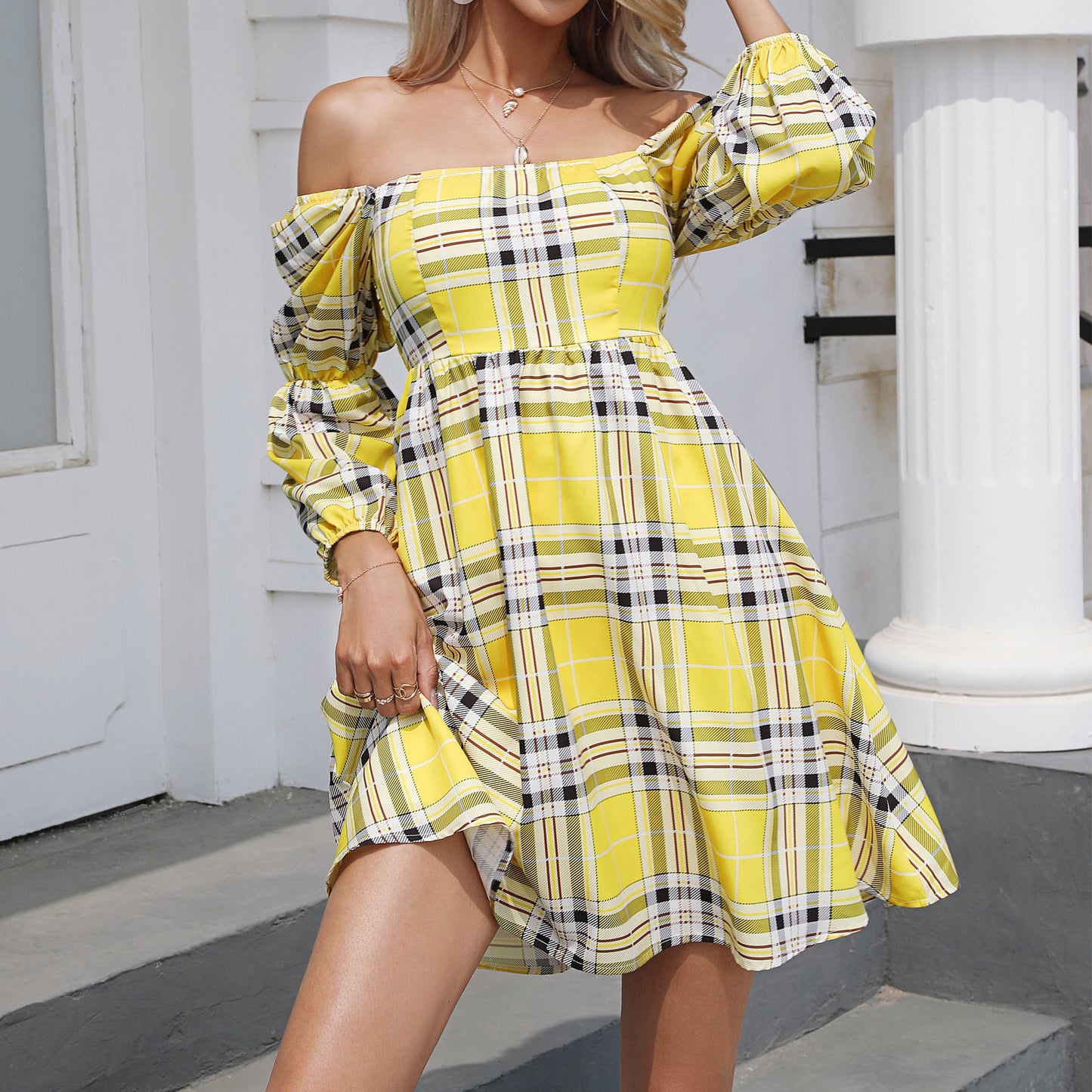 Square Neck Dress Long Puff Sleeve A-Line Casual Short Mini Dress