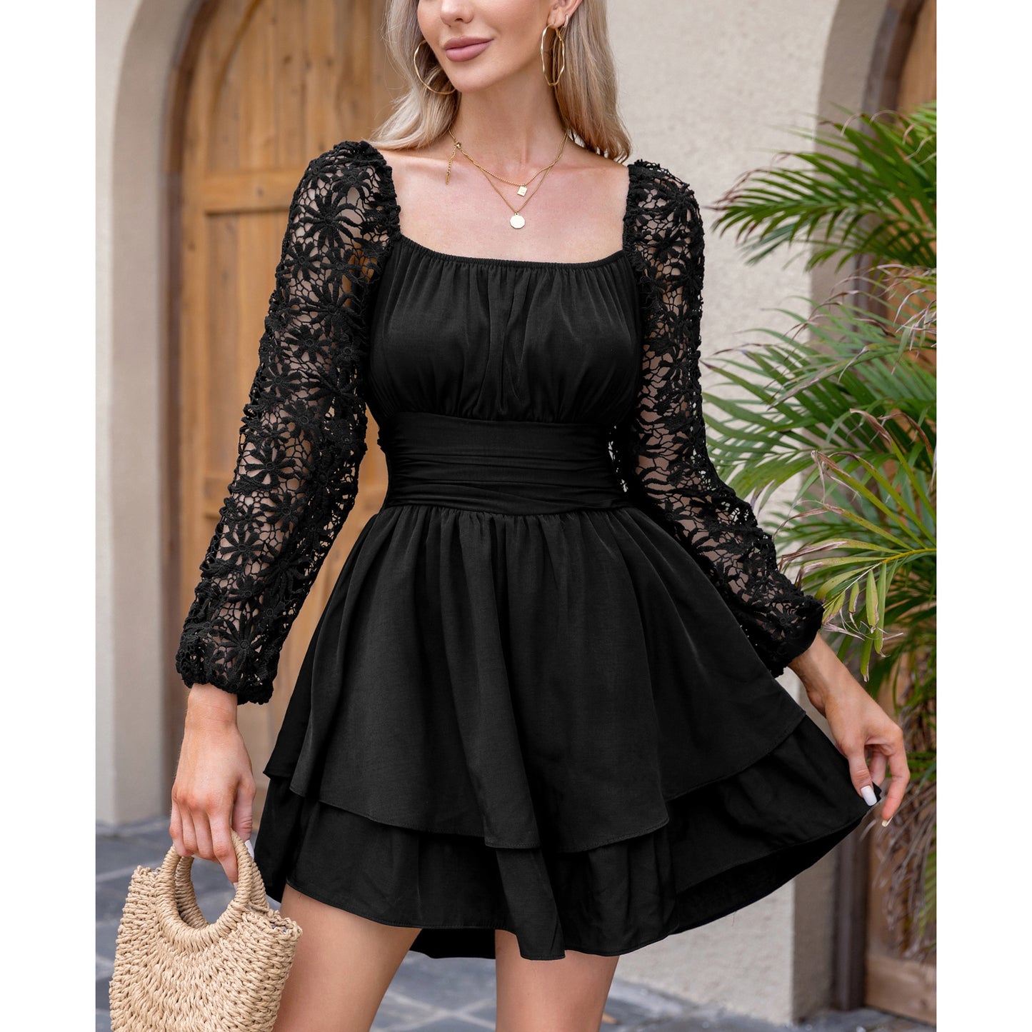 KRDR302EXLURA Women’s Lace Long Puff Sleeve Mini Dress Square Neck Backless Short Swing Party Dress Tie Back Bridesmaid Wedding Guest Dresses