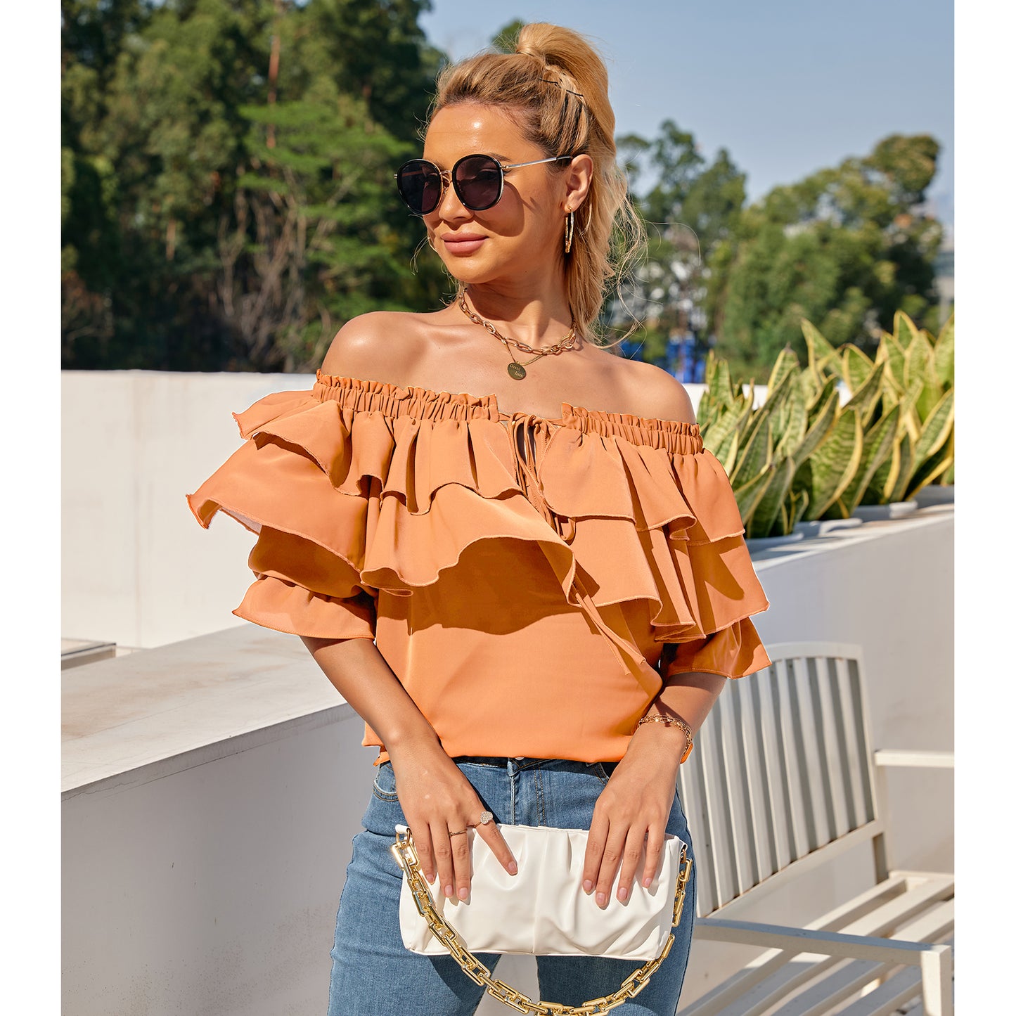 Off Shoulder Ruffle Long Sleeve Blouses Casual Layered Tops