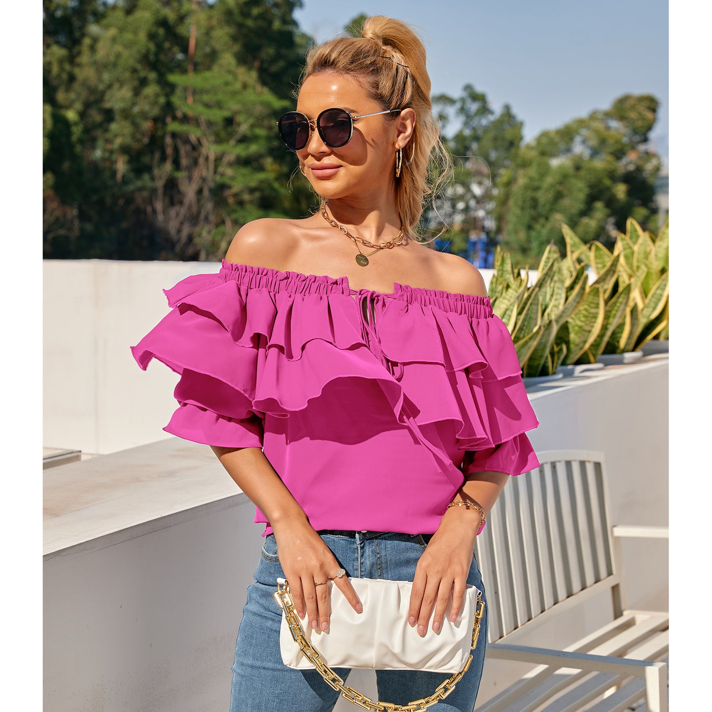 Off Shoulder Ruffle Long Sleeve Blouses Casual Layered Tops