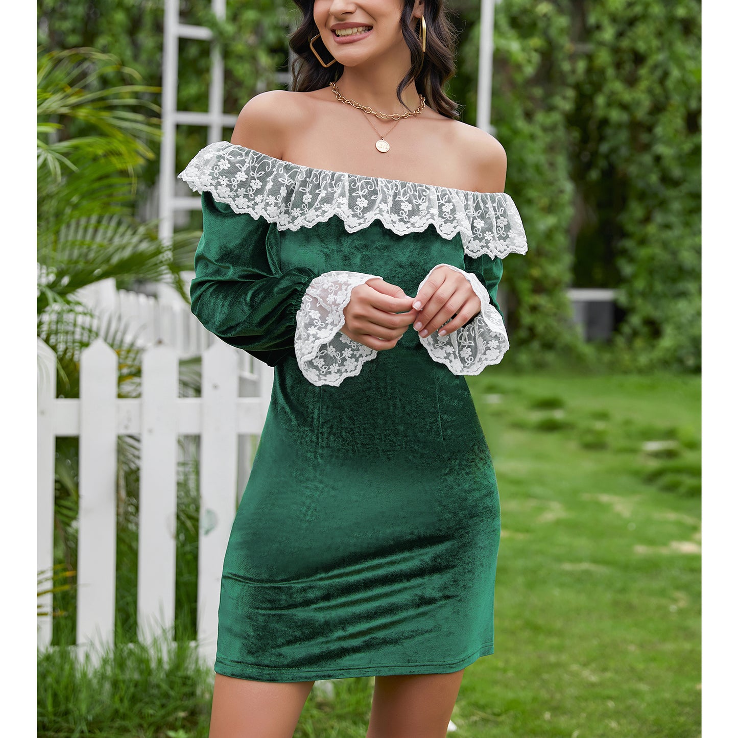 Exlura Women’s Lace Ruffle Velvet Mini Dress Square Neck Long Lantern Sleeve Victorian Dress Club Cocktail Party Bodycon Dress