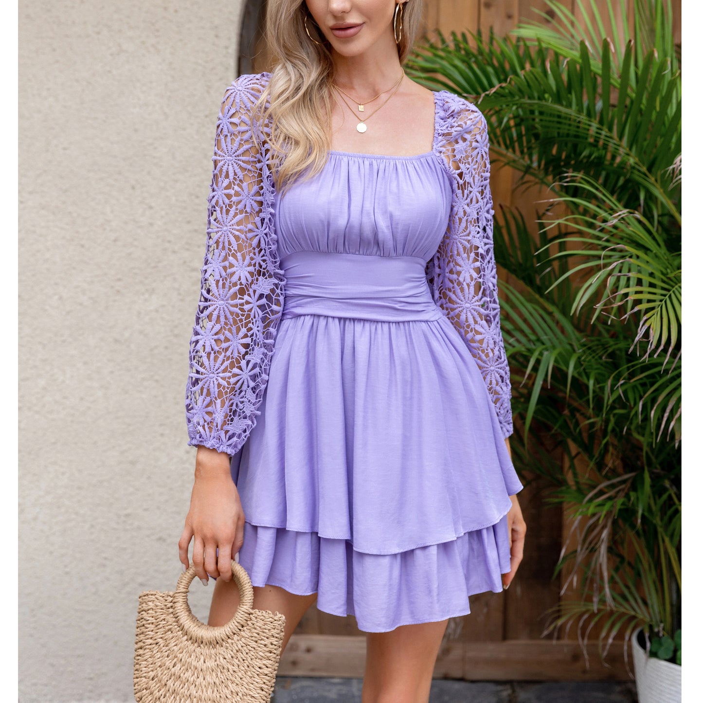 KRDR302EXLURA Women’s Lace Long Puff Sleeve Mini Dress Square Neck Backless Short Swing Party Dress Tie Back Bridesmaid Wedding Guest Dresses