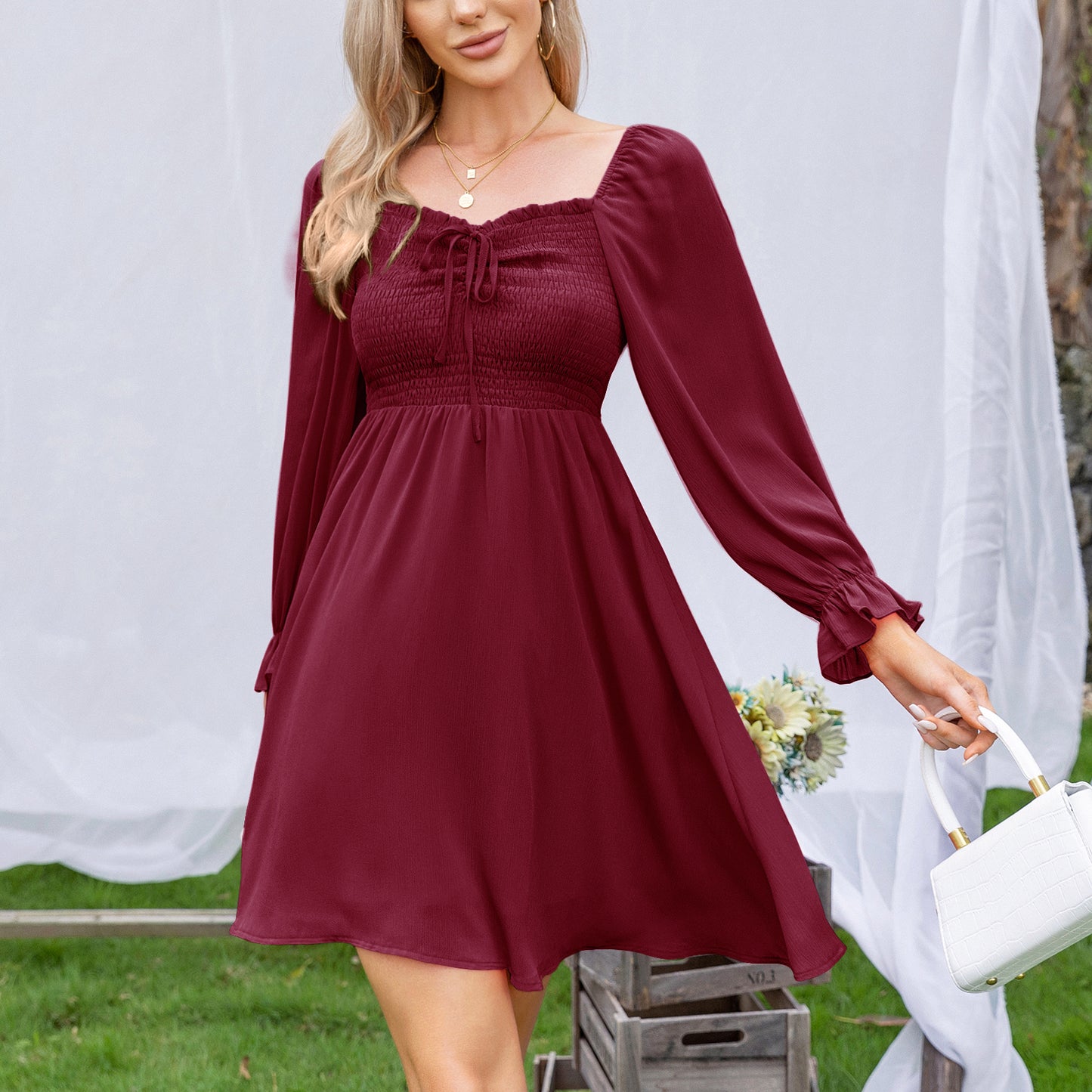 EXLURA Women’s Drawstring Mini Dress Sweetheart Neckline Smocked Flowy Dress Puff Long Sleeve Ruffle Cute Wedding Guest Dress