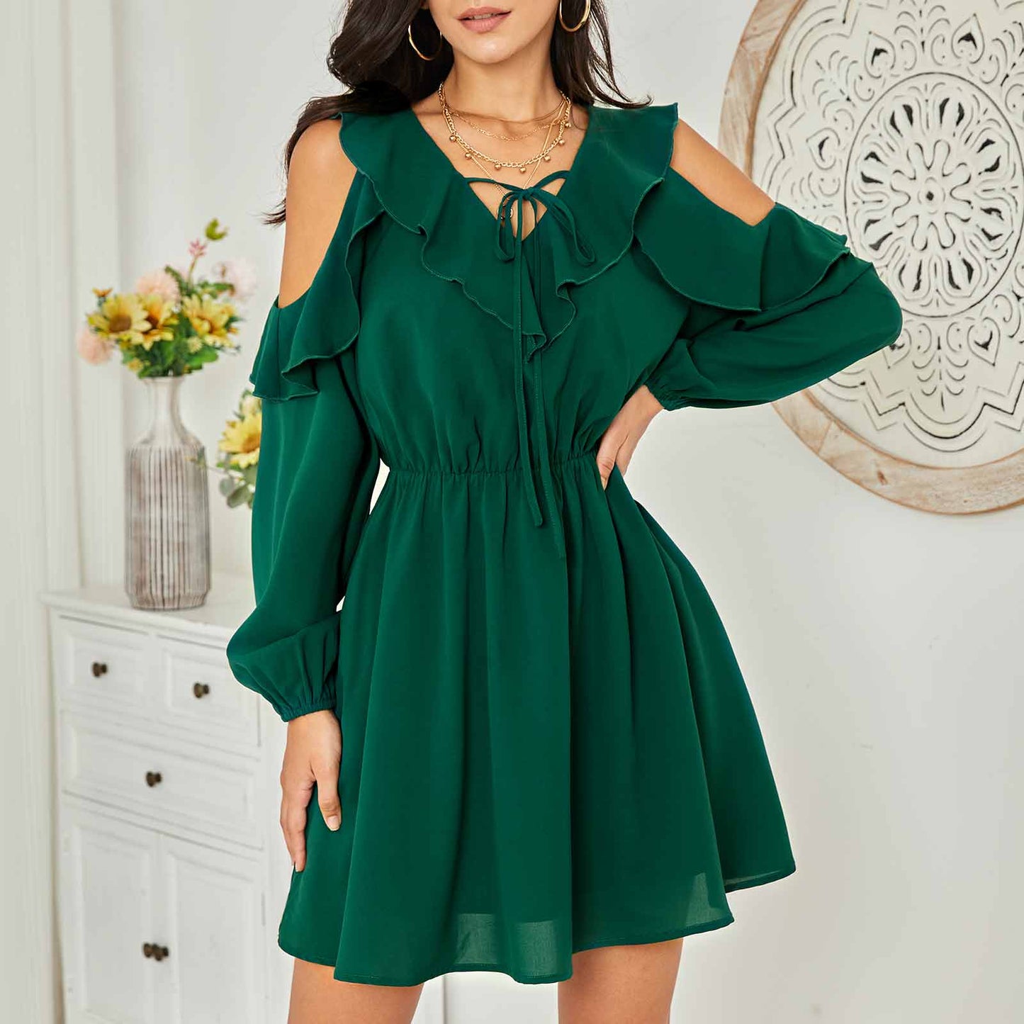 Exlura Women’s Ruffle Swing Mini Dress Cold Shoulder V Neck Long Sleeve Dress Cute Bridal Shower Wedding Guest Dress