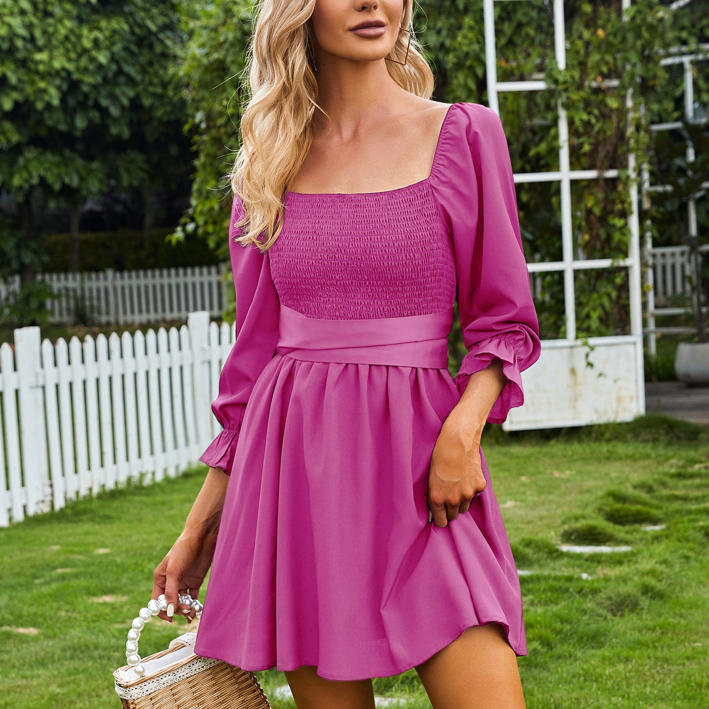 Exlura Women’s Swing Satin Tie Mini Dress Square Neck Long Lantern Sleeve Backless Short Dress Wedding Guest Party Dresses