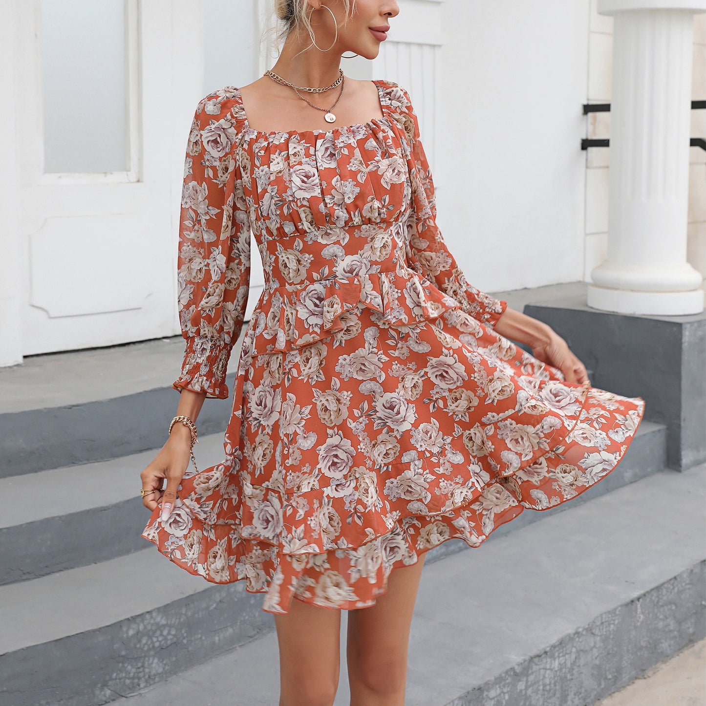 Tiered Square Neck Off Shoulder Smocked Skater  Sundress