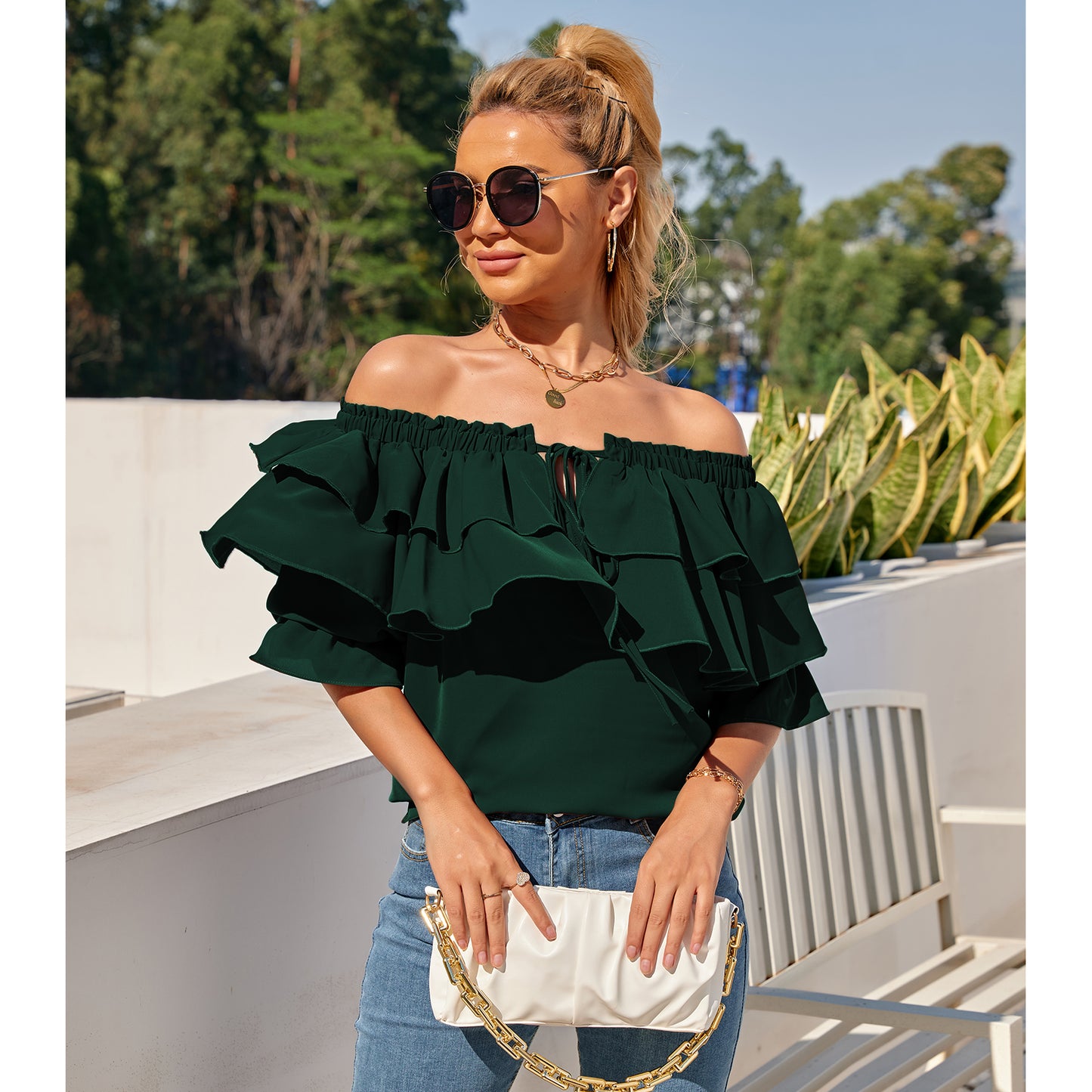 Off Shoulder Ruffle Long Sleeve Blouses Casual Layered Tops