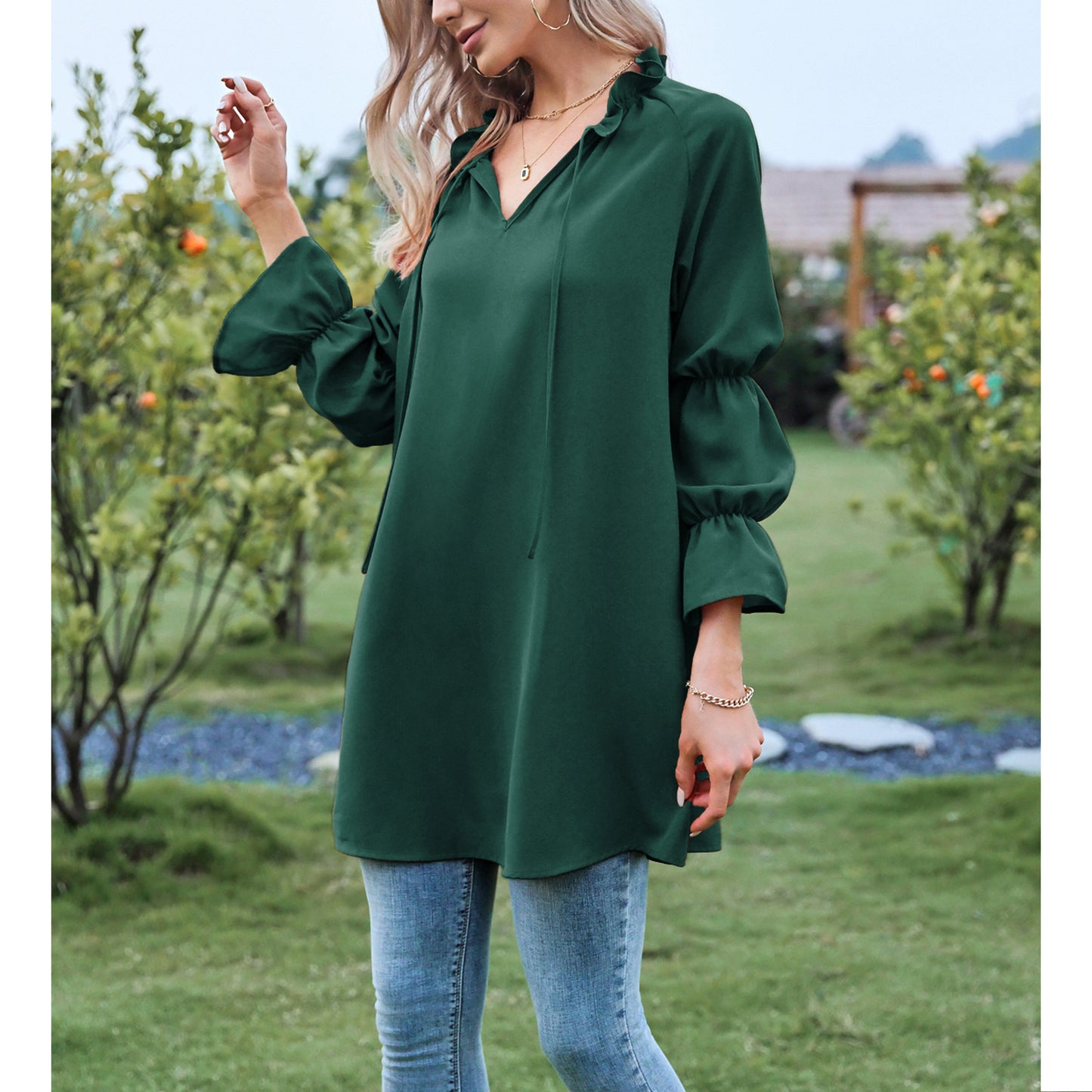 Exlura Women’s Vintage Casual Mini Dress Tie Front Ruffle Long Puff Sleeve Tunic Dress Cocktail Party Dress