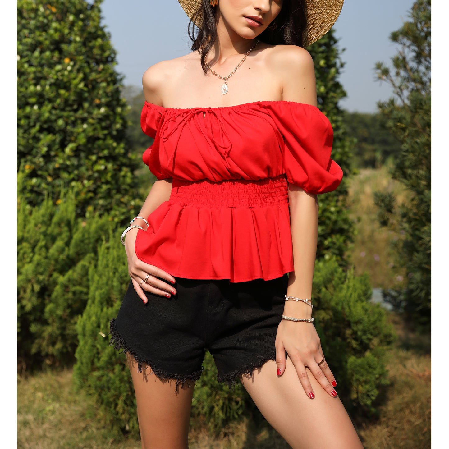 Exlura Women’s Off Shoulder Peplum Top Backless Ruched Square Neck Short Puff Sleeve Backless Crop Top Blouse