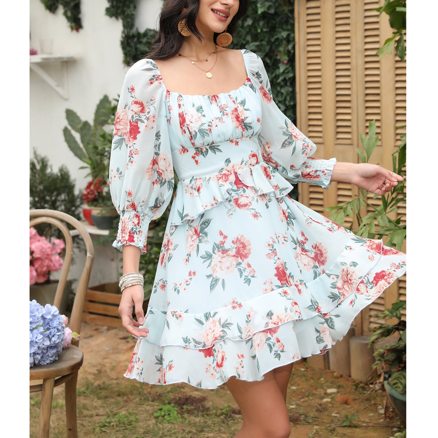 Tiered Square Neck Off Shoulder Smocked Skater  Sundress