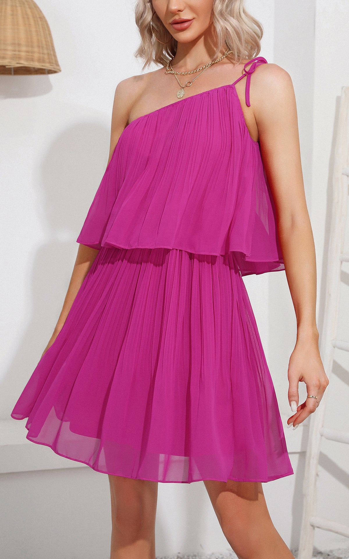 Summer Mini Sundress - One Shoulder Spaghetti Strap Tiered