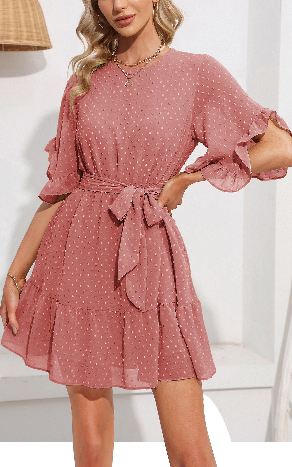 Flowy Mini Dress - Round Neck Belted Swiss Dot Bell Short Sleeve