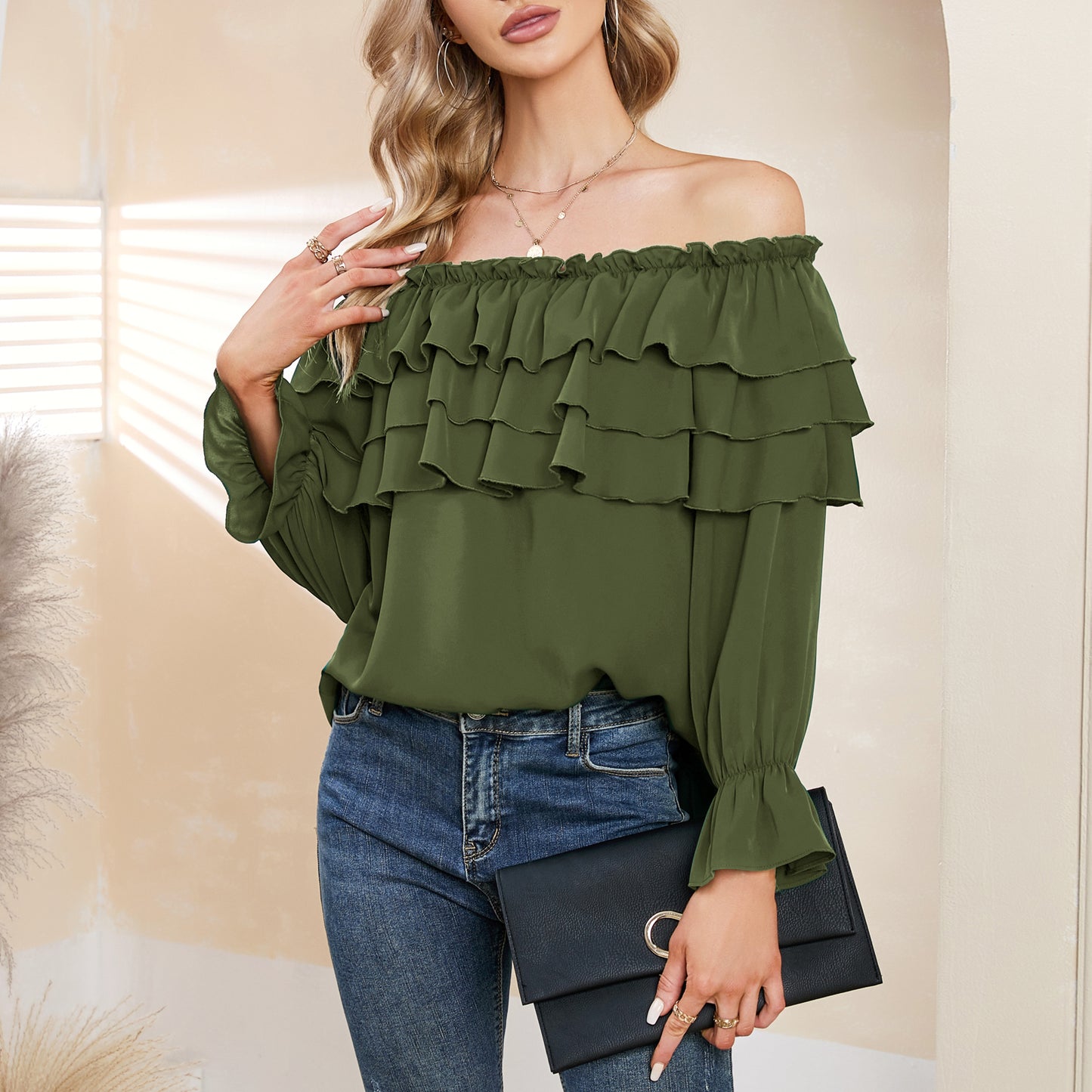 Byinns Women’s Off The Shoulder Layered Ruffle Tops Long Puff Sleeve Flowy Blouses Shirts Party Dressy Tops