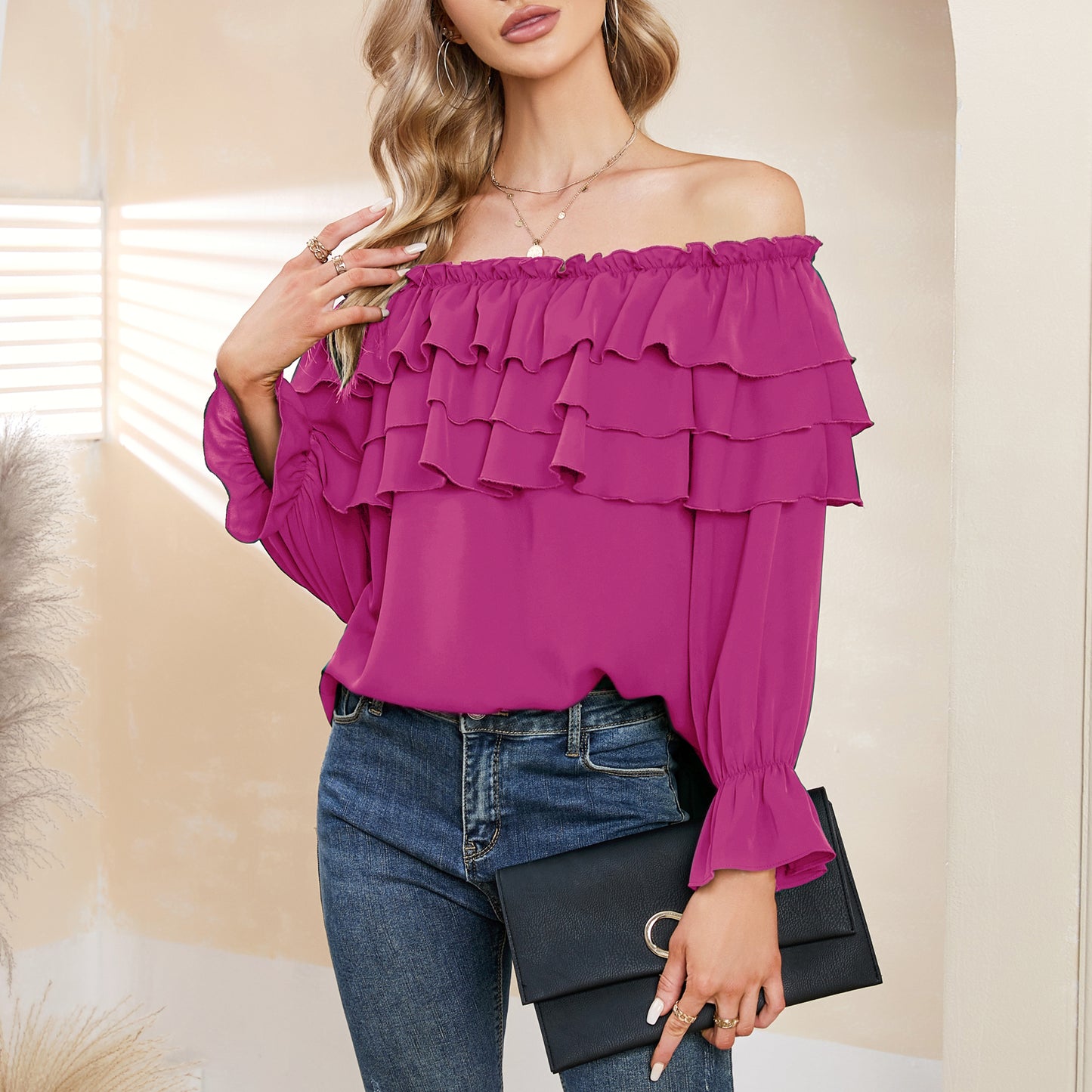 Byinns Women’s Off The Shoulder Layered Ruffle Tops Long Puff Sleeve Flowy Blouses Shirts Party Dressy Tops