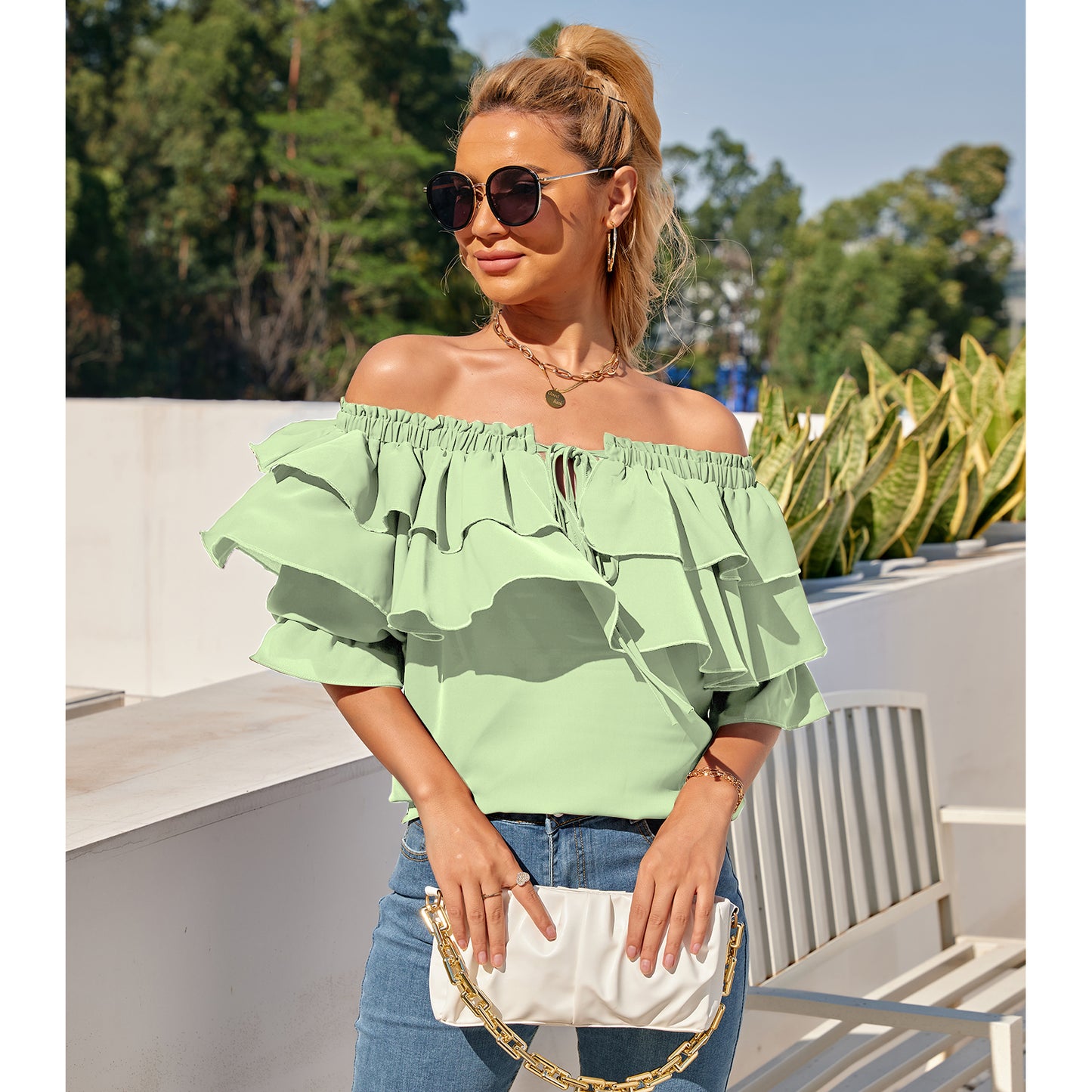 Off Shoulder Ruffle Long Sleeve Blouses Casual Layered Tops