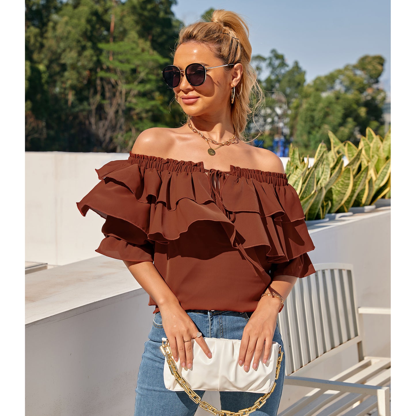 Off Shoulder Ruffle Long Sleeve Blouses Casual Layered Tops