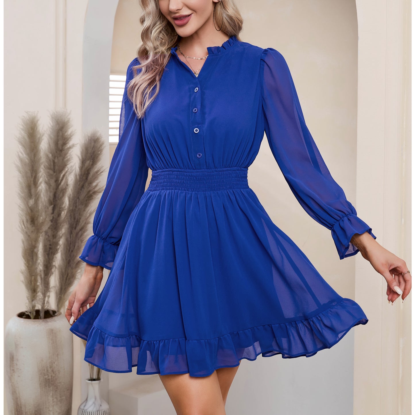 EXLURA Women's Wrap Bodycon Mini Dress Drawstring V Neck Long Lantern Sleeve Ruched Knit Sexy Bandage Cocktail Party Dresses