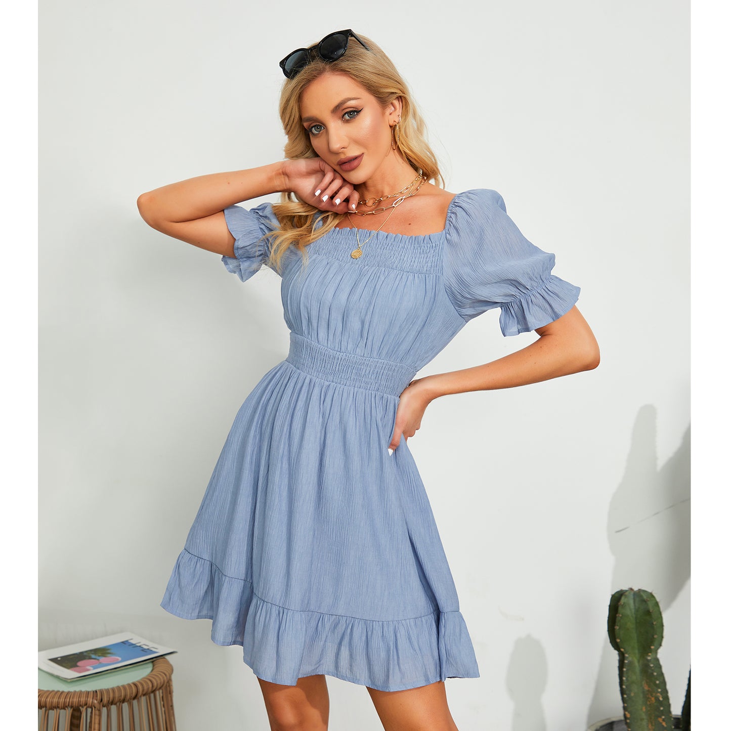 Exlura Women’s High Waist Square Neck Mini Dress Off Shoulder Smocked Puff Short Sleeve Summer Short Ruffle Dress