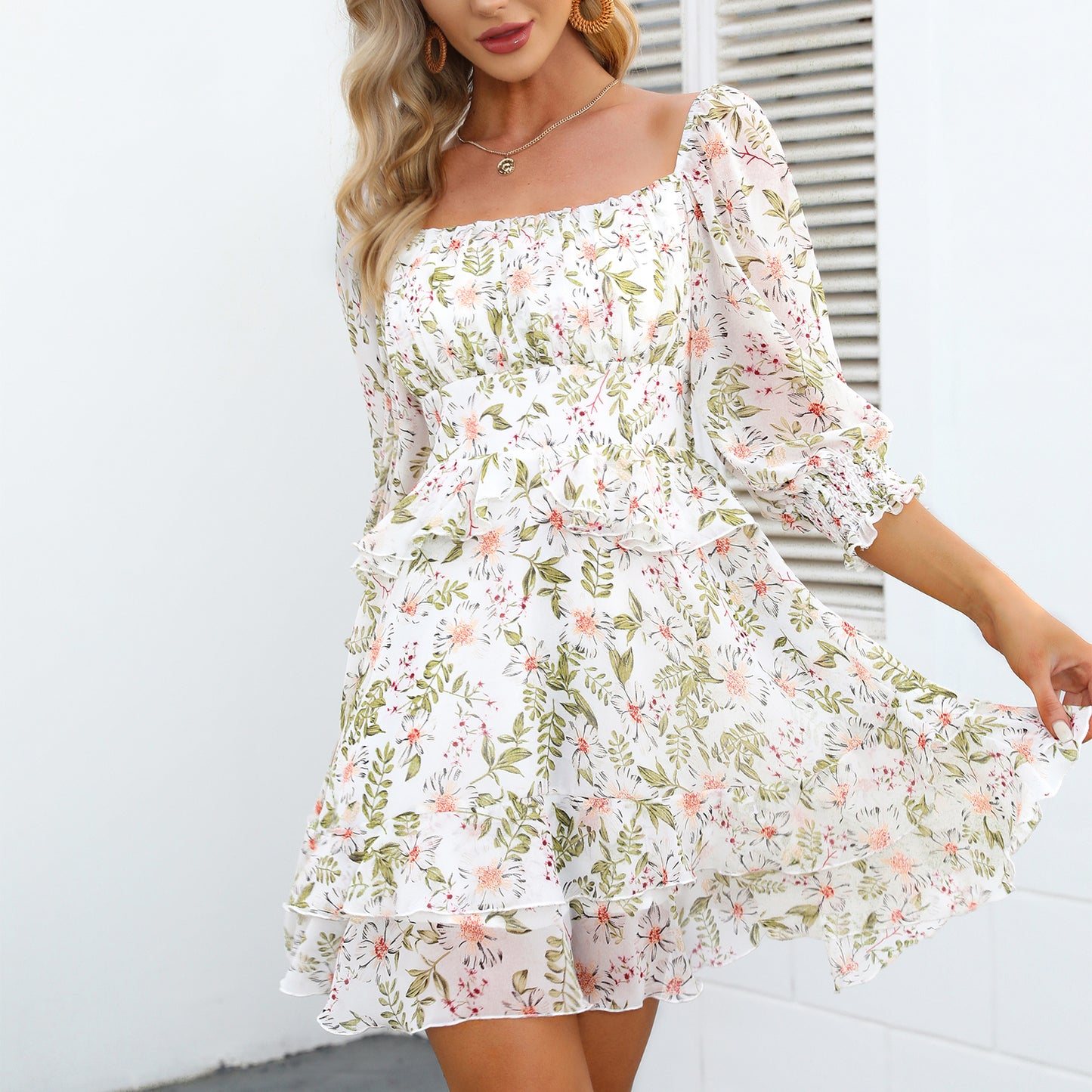 Tiered Square Neck Off Shoulder Smocked Skater  Sundress