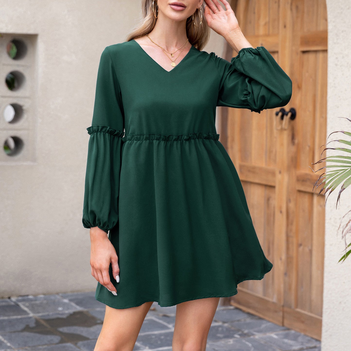 Exlura Women’s Casual Flowy Tunic Tshirt Dress V Neck Ruffle Long Puff Sleeve Dress Cocktail Party Mini Dress