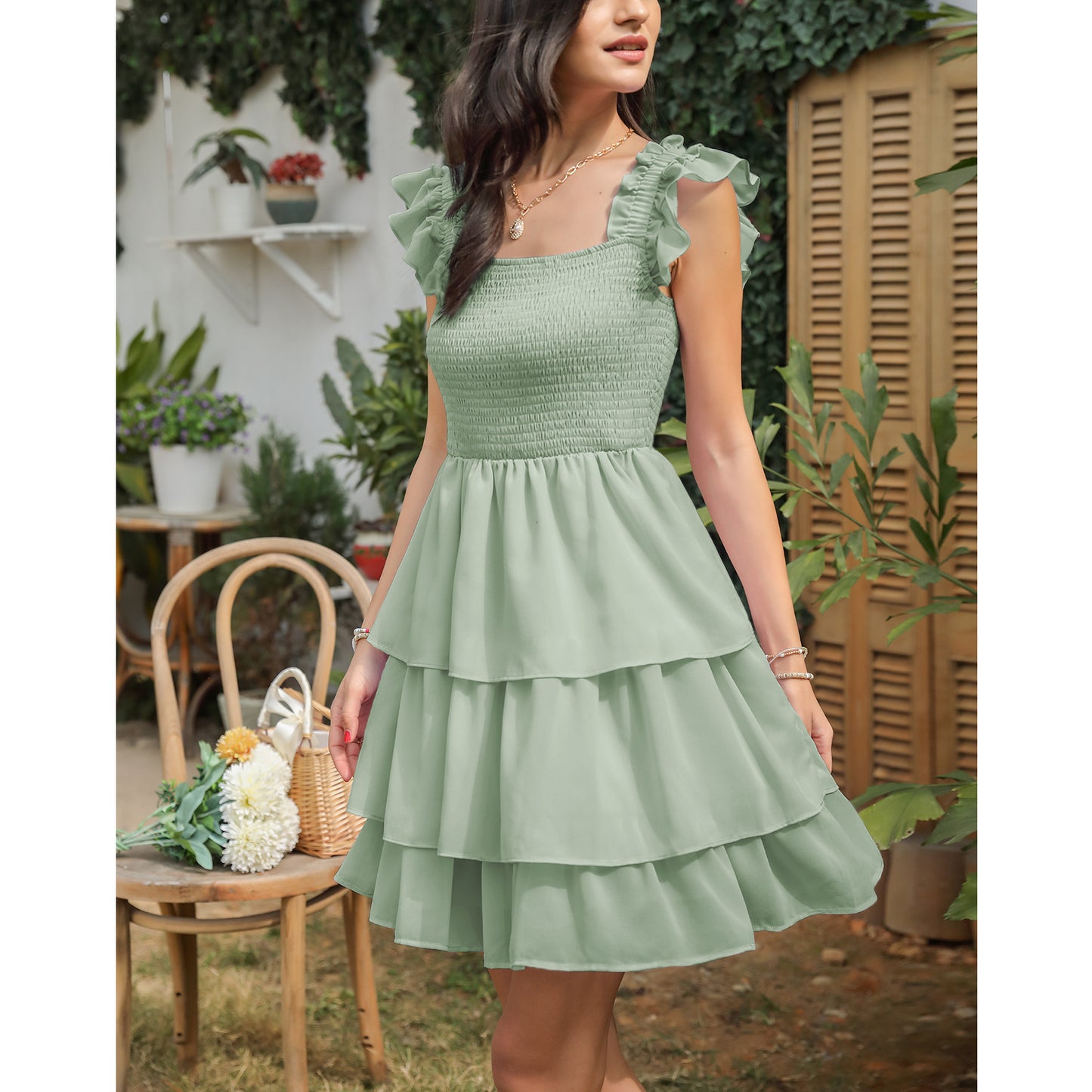 High Waist Sleeveless Ruffle Dress Backless Square Mini Summer Dress