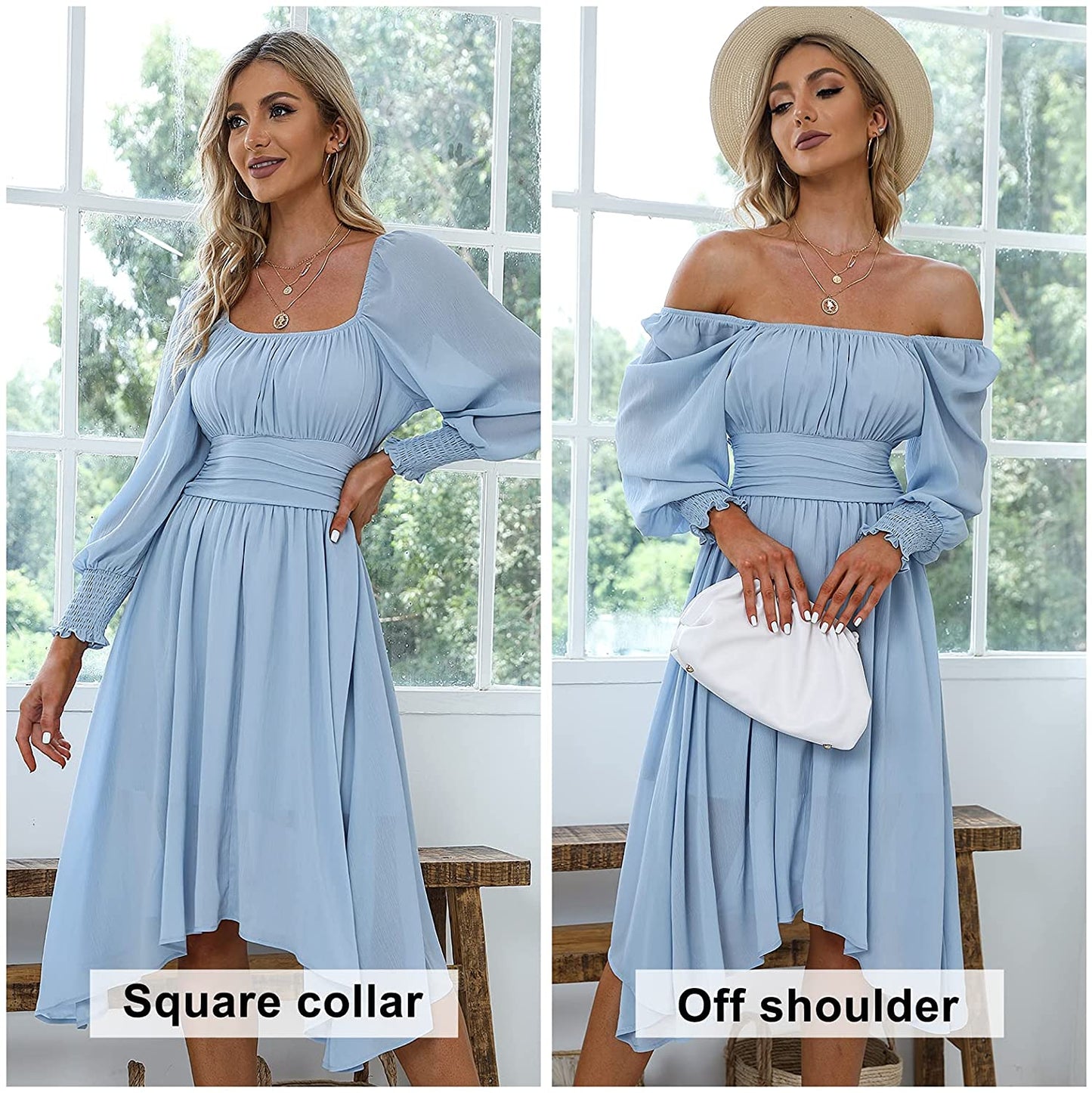 EXLURA Women's Tie Back Asymmetrical Hem Off Shoulder A-line Dresses Long Lantern Sleeve Ruffle Midi Dress