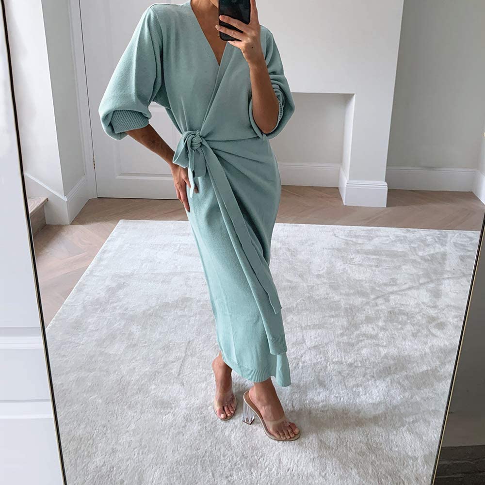 EXLURA Womens Knit Sweater Dress Casual Solid Long Sleeve Wrap Maxi Dresses with Belt
