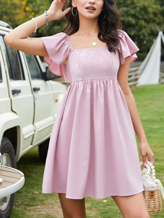 High Waist A-Line Smocked Back Zipper Mini Dress