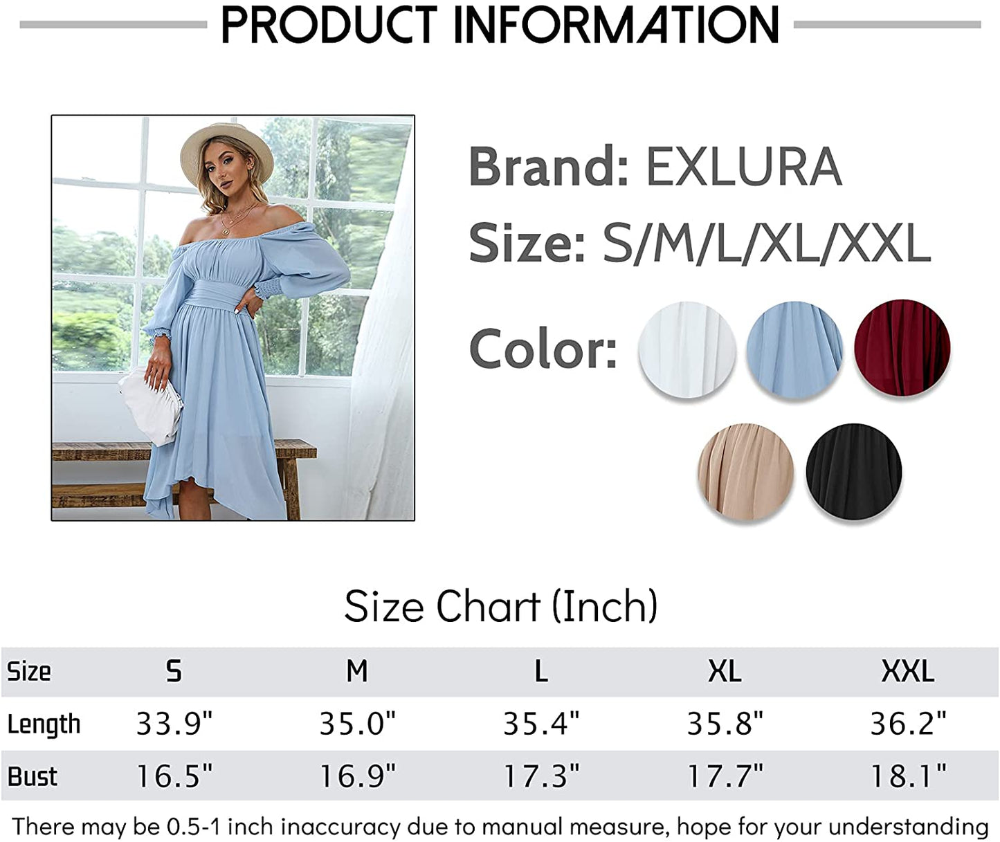 EXLURA Women's Tie Back Asymmetrical Hem Off Shoulder A-line Dresses Long Lantern Sleeve Ruffle Midi Dress
