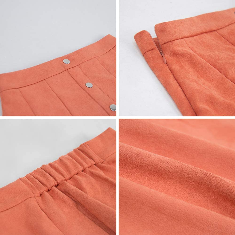 Exlura Womens Faux Suede High Waist Pleated Short Skirt Elastic Button Front Skater Mini Skirt