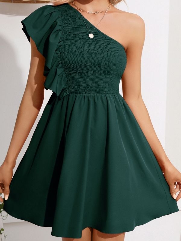 Summer One Shoulder Mini Sundress - Ruffle Smocked Flowy