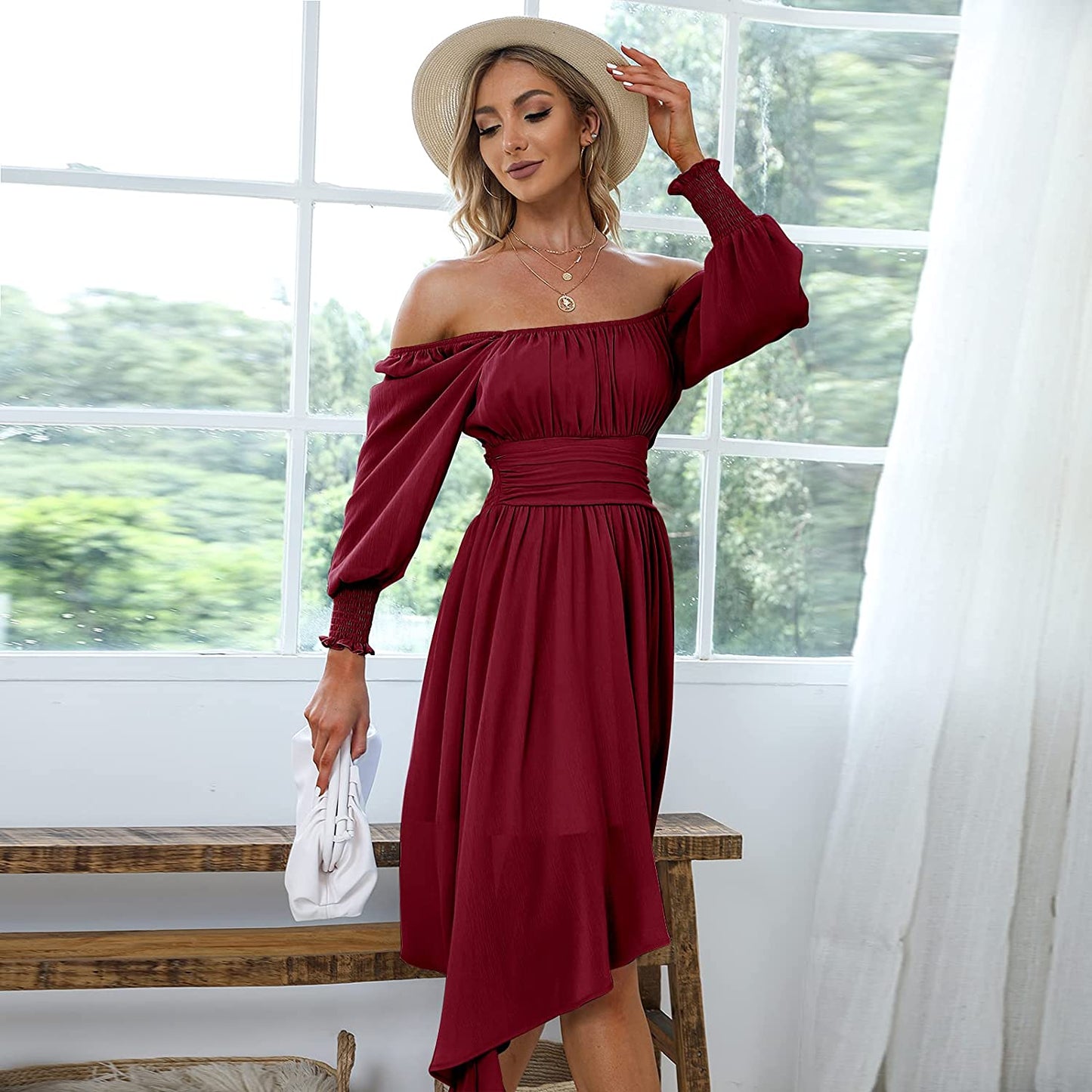 EXLURA Women's Tie Back Asymmetrical Hem Off Shoulder A-line Dresses Long Lantern Sleeve Ruffle Midi Dress