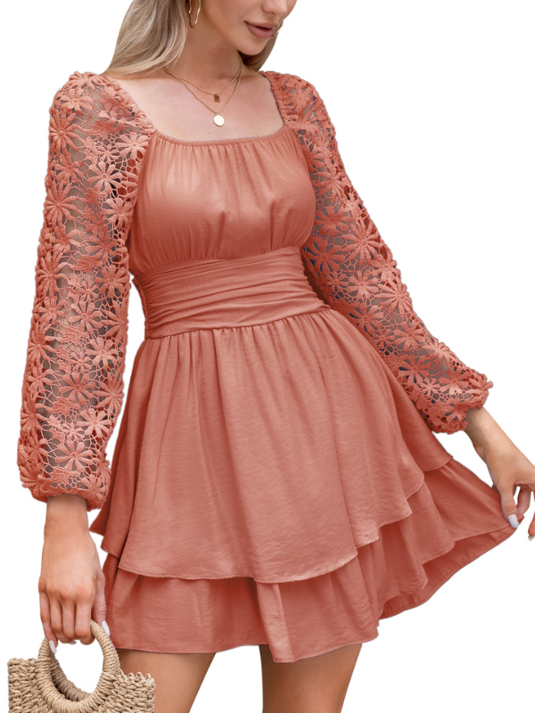 KRDR302EXLURA Women’s Lace Long Puff Sleeve Mini Dress Square Neck Backless Short Swing Party Dress Tie Back Bridesmaid Wedding Guest Dresses