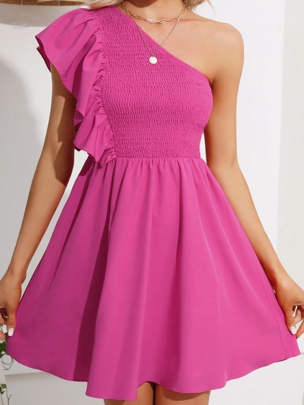 Summer One Shoulder Mini Sundress - Ruffle Smocked Flowy