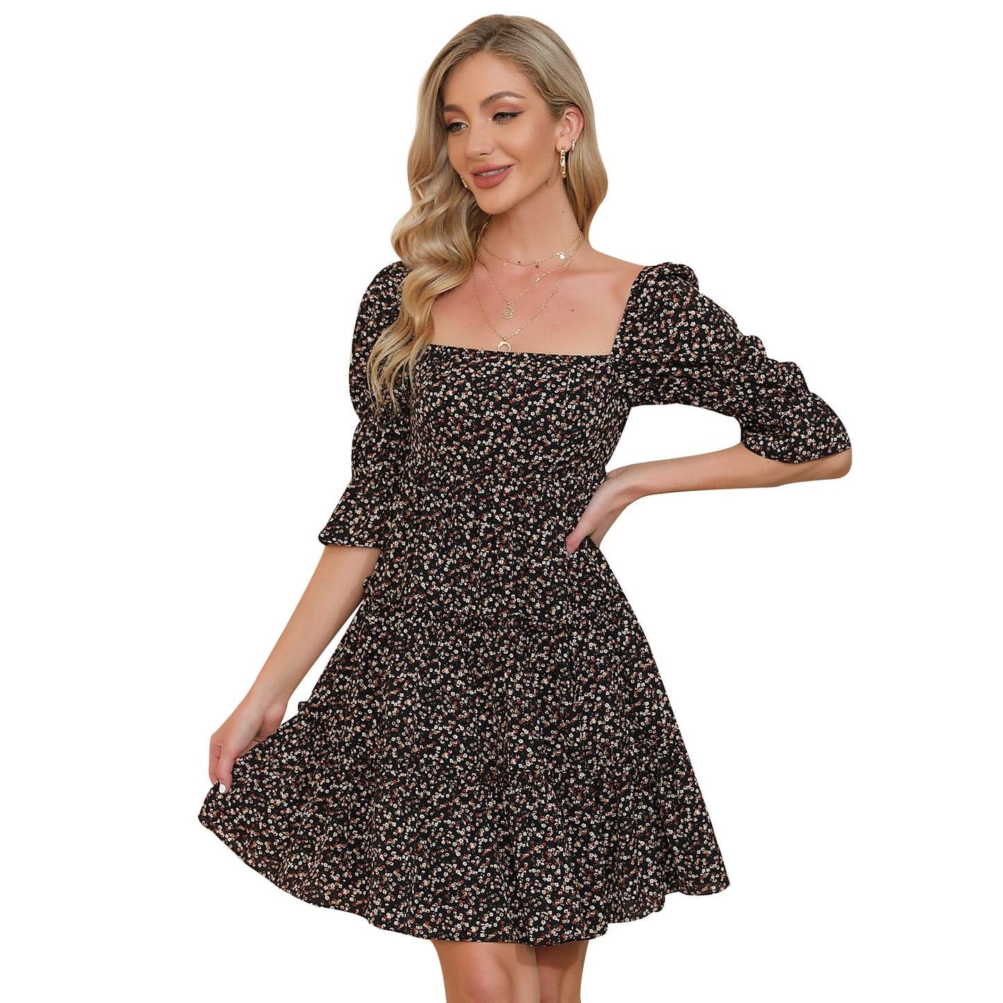 Exlura Women’s Tie Back Square Neck Dresses Puff Elbow Sleeve Off Shoulder Tiered Ruffle Floral Backless Mini Dress