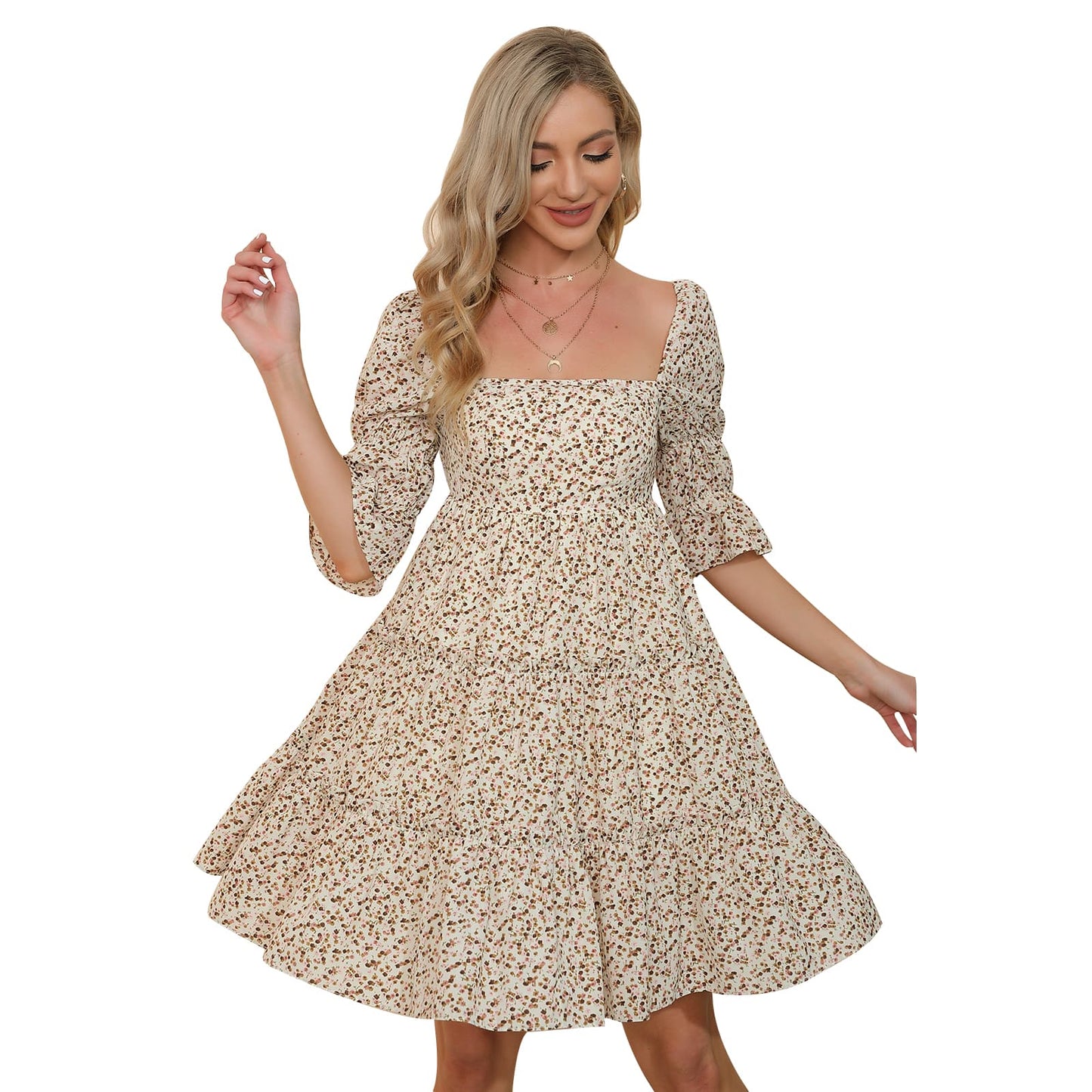 Exlura Women’s Tie Back Square Neck Dresses Puff Elbow Sleeve Off Shoulder Tiered Ruffle Floral Backless Mini Dress