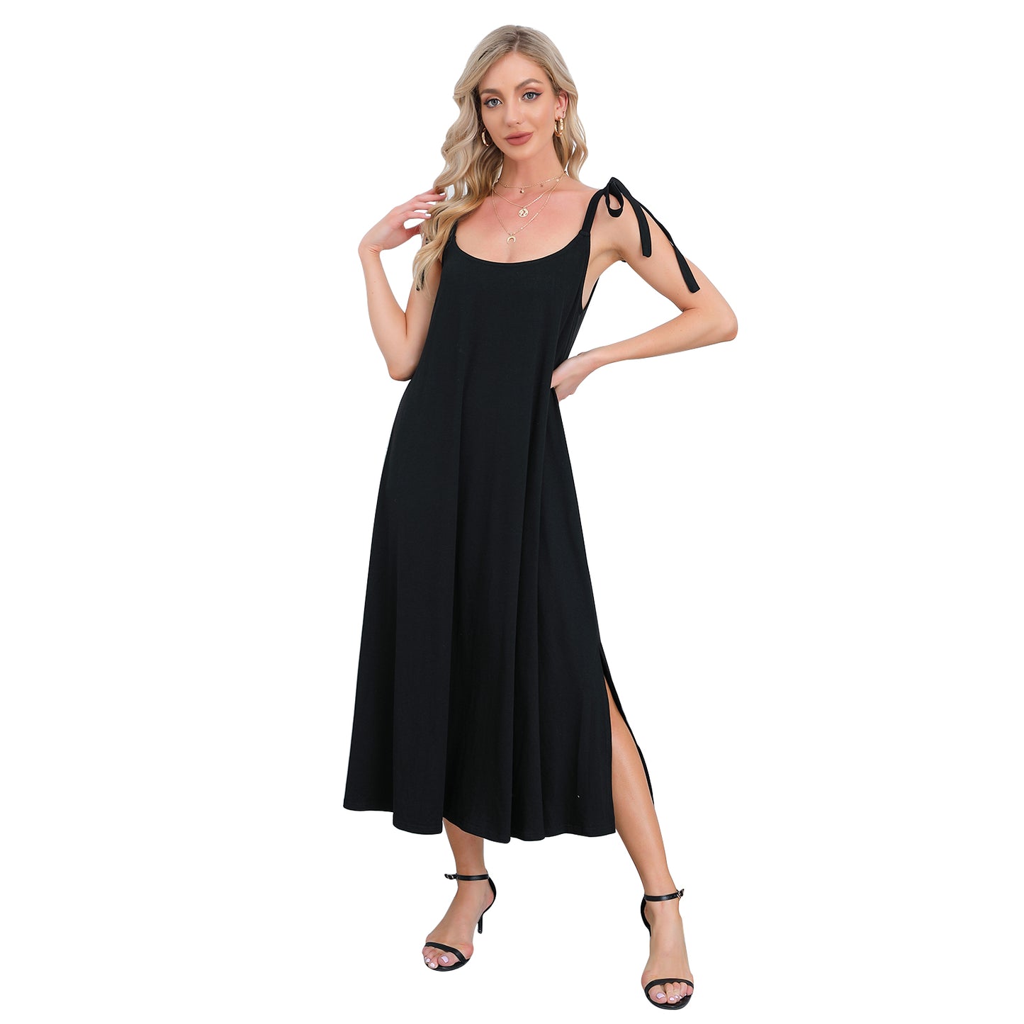 Exlura Women’s Scoop Neck Sleeveless T-Shirt Jersey Dress Tie Shoulder Strappy Backless Split Maxi House Dress