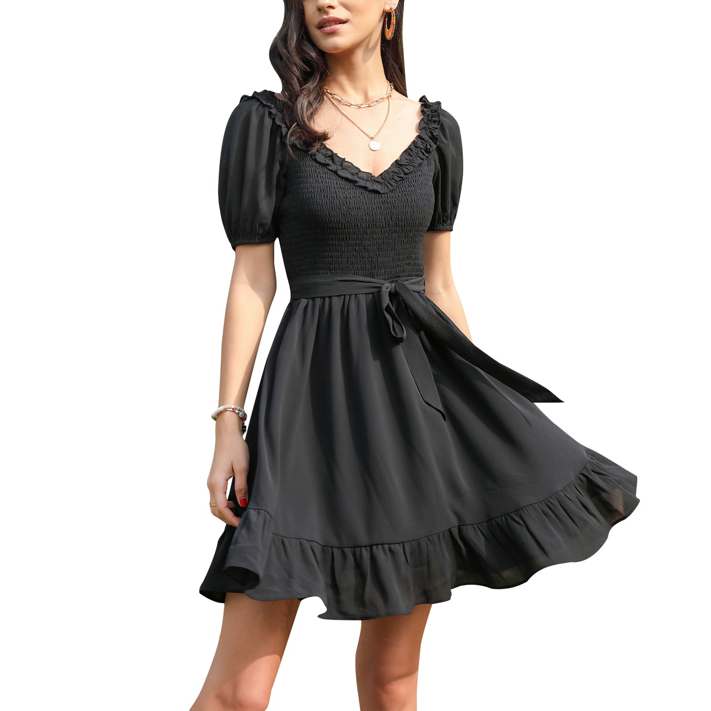 Exlura Women’s Sweetheart Neckline Ruffle Dress Smocked Belted Short Puff Sleeve Tie Waist Mini Dress Sundress