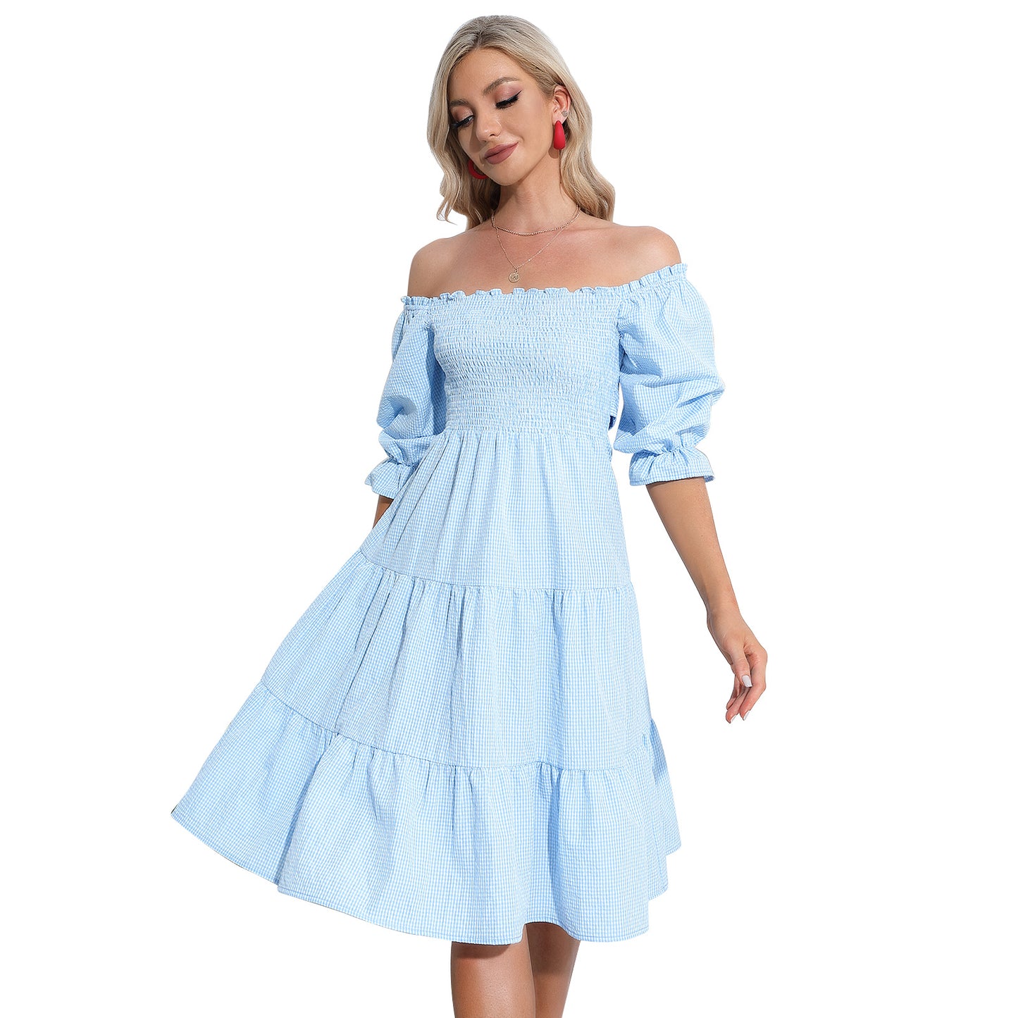 EXLURA Women's Back Tie Knot Square Neck Smocked Bust Puff Elbow Sleeve Ruffle Plaid Tiered Midi Dress