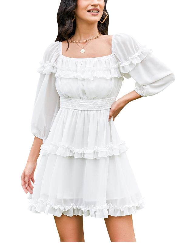 EXLURA Women's Short Mini Dress Square Neck A Line Long Sleeve Dress Tiered Ruffle Boho Wedding Guest Dress