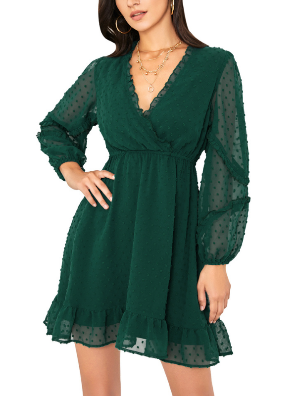 BYINNS Women’s Swiss Dot V Neck Ruffle Mini Dress Long Puff Sleeve Dress Elegant Vintage Cocktail Wedding Guest Dress