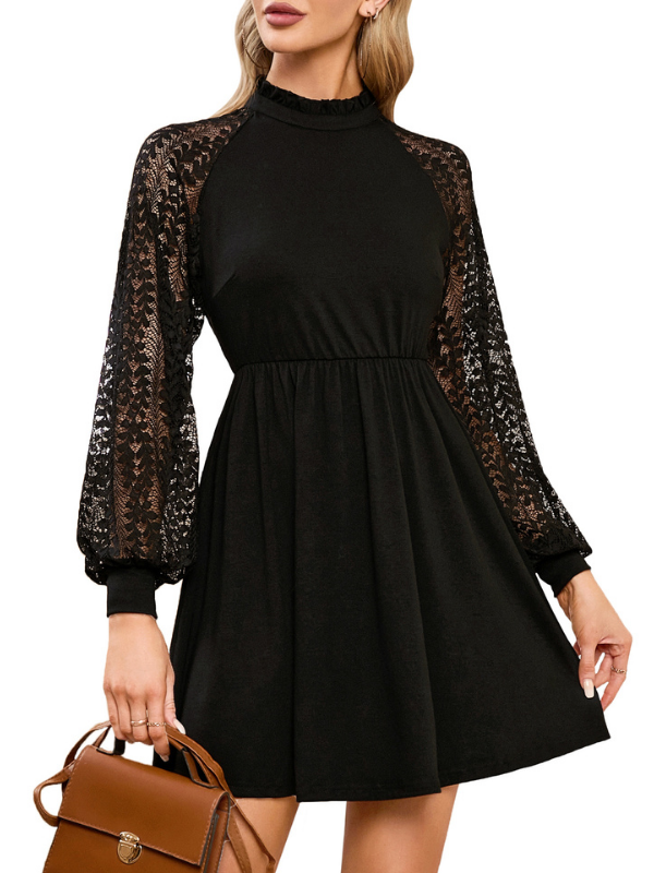 EXLURA Women’s Lace Tshirt Mini Dress Ruffle High Neck Long Puff Sleeve Swing Dress Flowy Wedding Guest Dresses